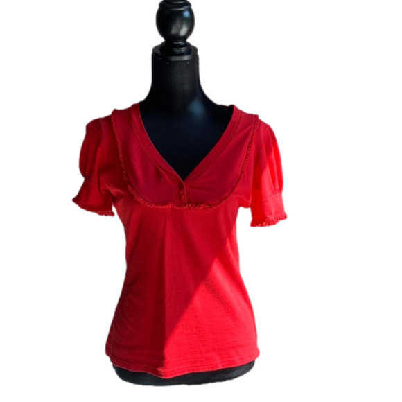 Precchio Colors Concept Red Ruffle Detail Fitted Short Sleeve Knit Top - Picture 1 of 7